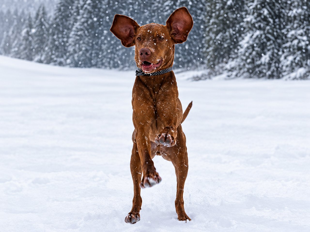 Vizsla springt durch den Schnee, Ferien am Bach Riefensberg, Bregenzerwald